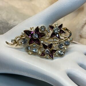 Vintage Floral Brooch Rhinestones Faux Amethyst & Rhinestones Gold Tone Filigree